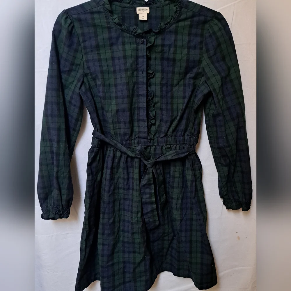 Crewcuts Girls Black Watch Plaid Ruffle Dress Green Navy Tartan Size 14